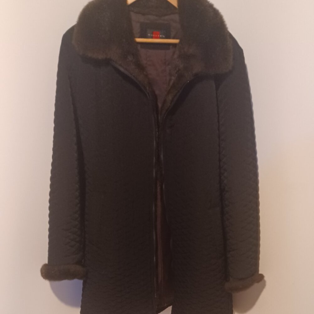 Gallery Brown/Black Quilted Zip Winter Longish Coat Fur Trim removable liner L